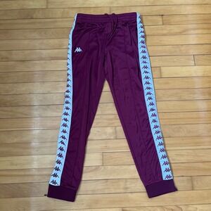 Kappa Banda Track Pants Burgundy Maroon Logo Tape Joggers Mens Large Slim Fit